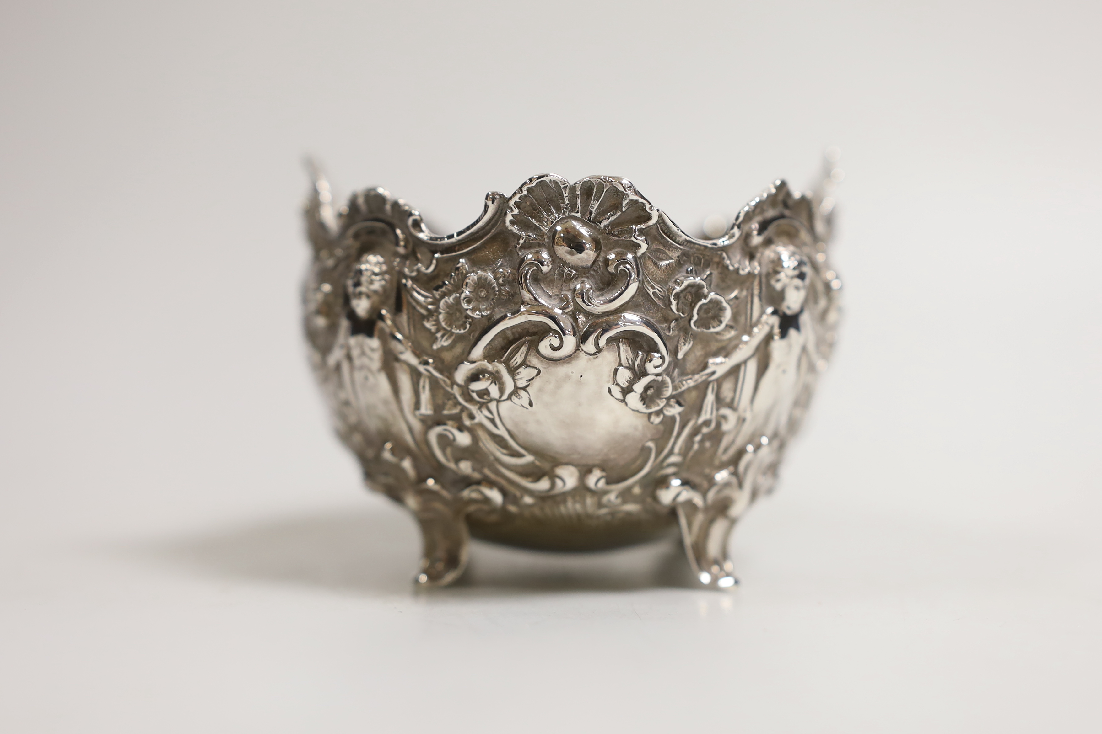 An early 20th century German embossed silver small oval bowl, import marks for Berthold Muller, London, 1903, length 12cm, 7.1oz.